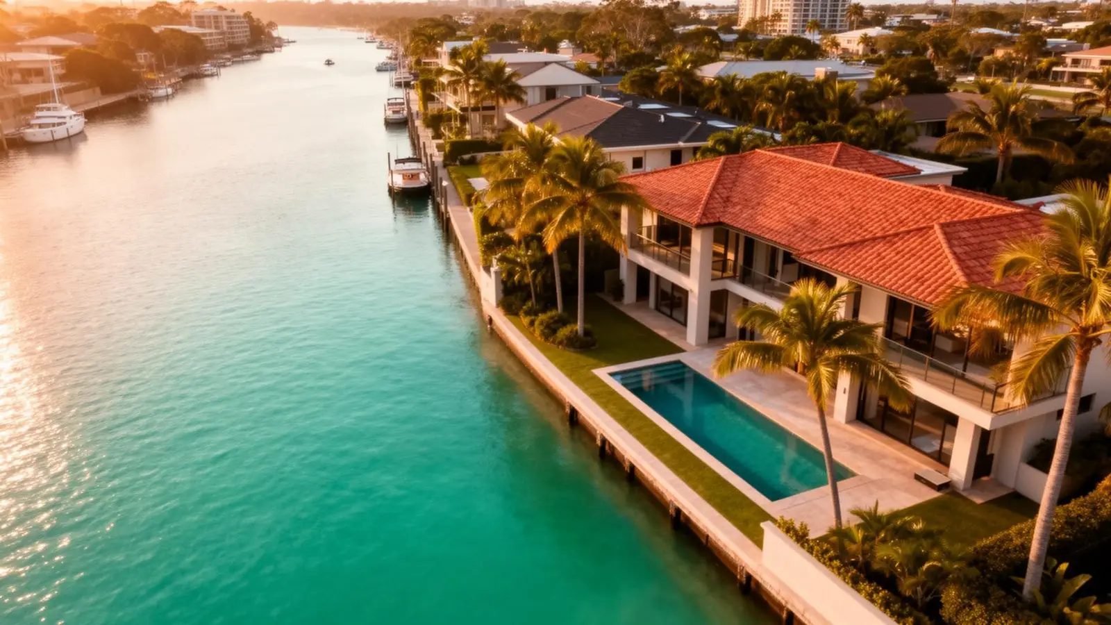 Aerial view of a luxury Gold Coast waterfront home